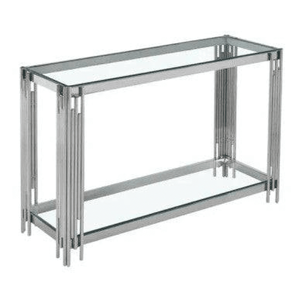 Flora Luxe Console Table with sleek glass surfaces and modern metal frame, perfect for hallways and living rooms.