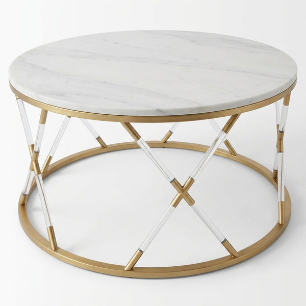 Elegant Marble Top Coffee Table featuring a sleek round marble surface and a stylish gold metal base.
