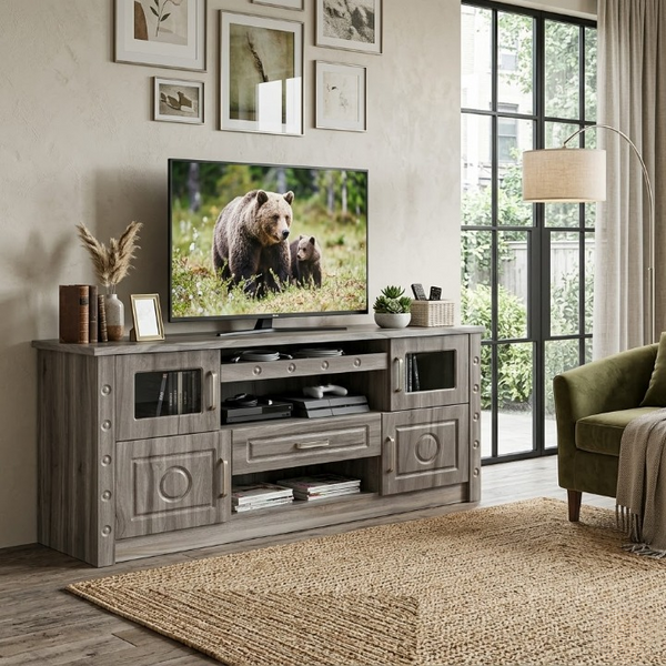 Sleek Living Room Entertainment TV Stand Console with TV and decor in a modern living room setting.