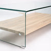 Tempered Glass Coffee Table with Oak Shelf showcasing a sleek design and practical storage solution.