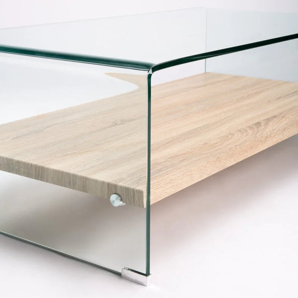 Tempered Glass Coffee Table with Oak Shelf showcasing a sleek design and practical storage solution.