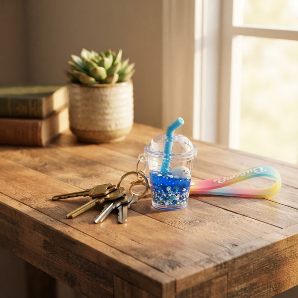 Floating Liquid Bubble Tea Cup Keychain on a wooden table with keys and a plant.