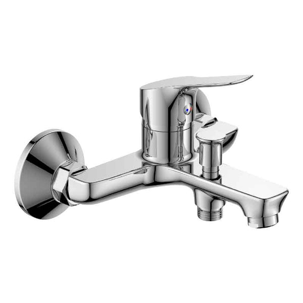 Wall Mounted Single Lever Bathtub Faucet with Pulsing Shower Head in chrome finish for modern bathrooms.