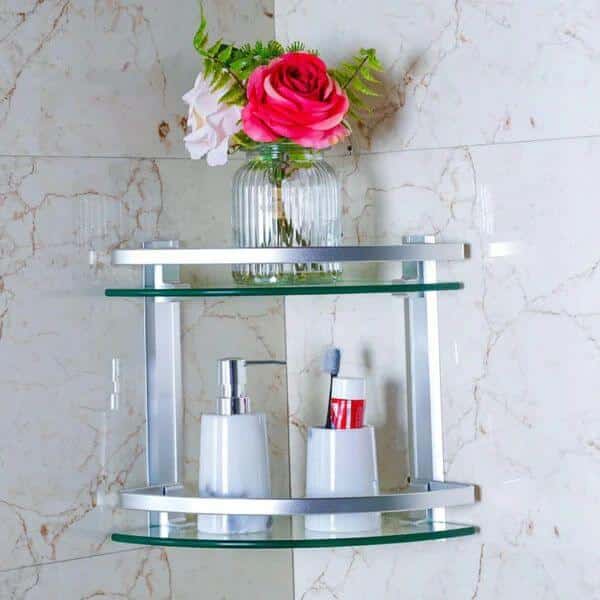 Perfect Dealz 2 Tier Wall Mounted Tempered Glass Corner Shelf with Aluminum Rail
