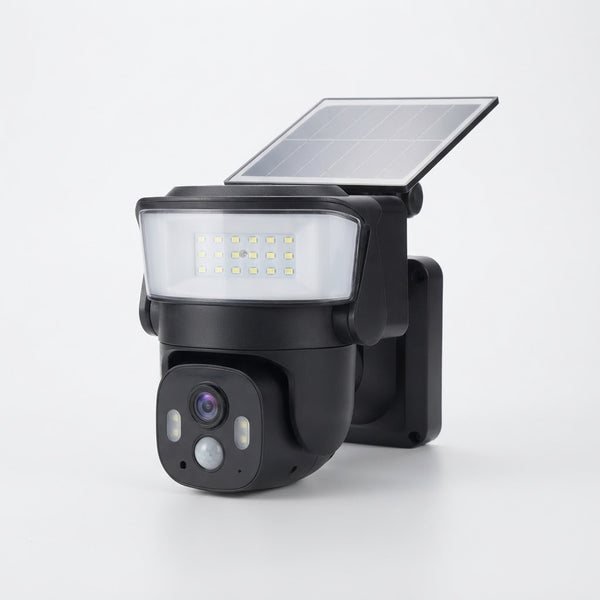 Solar-Powered Security Camera with Integrated LED Floodlight showcasing solar panel and LED lights.