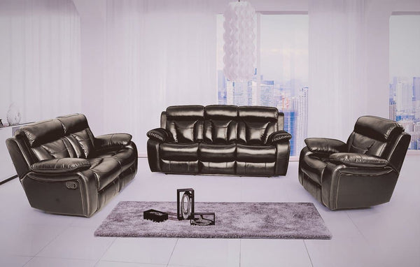 Lux Comfort Reclining Sofa set in a stylish living room with modern decor and large windows.