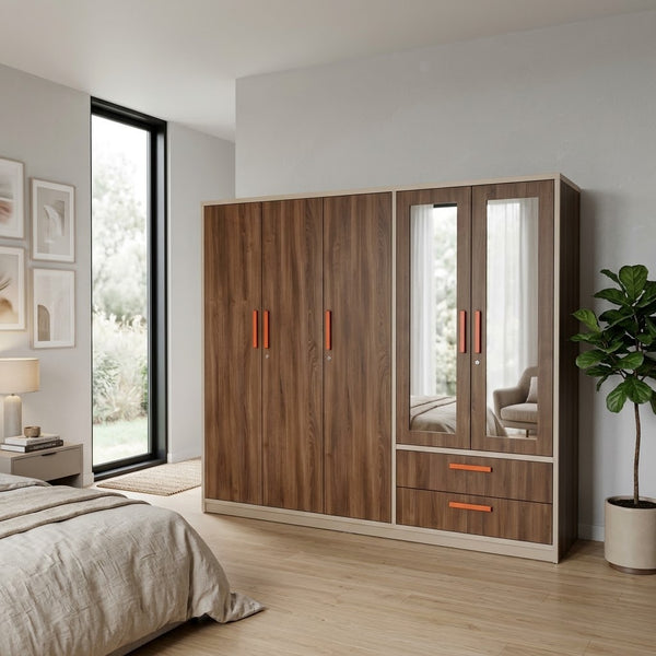 6-Door Wardrobe with Mirrored Doors and Storage Drawers