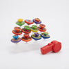 12-Piece Colorful Stackable Spinning Top Set with brightly colored tops and a red winding handle.
