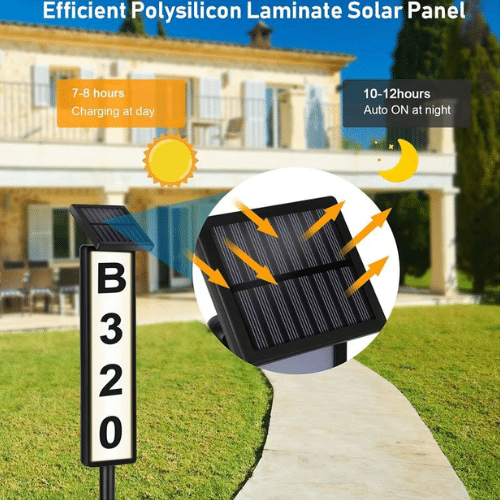 LED House Number Kit with efficient solar panel charging for illuminated address visibility at night.