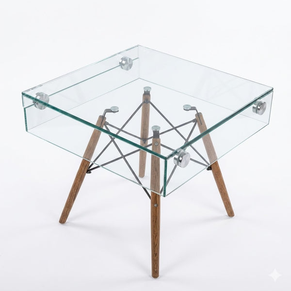 Shelf Bent Clear Glass Side Table Set showcasing a modern transparent design with wooden legs and metal accents.