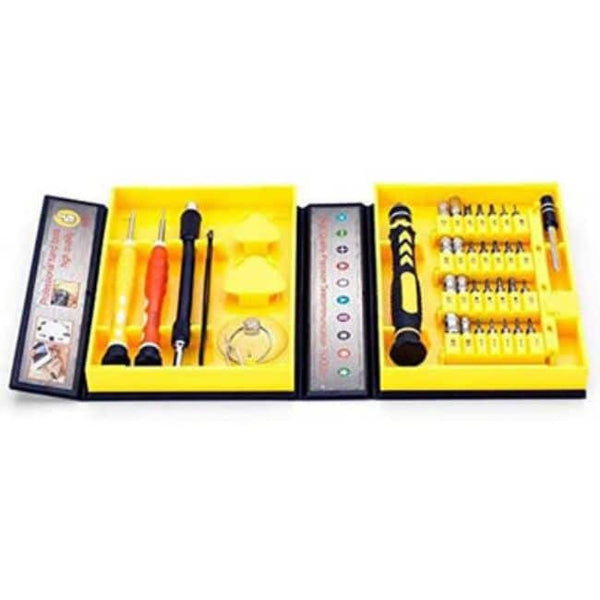 38 Piece Magnetic Precision Screwdriver Set inside a yellow organizer with various screwdriver bits and tools.