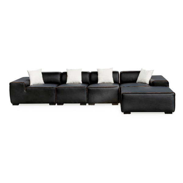 Modern Modular Sectional Sofa with black leather upholstery and soft pillows for comfortable seating.