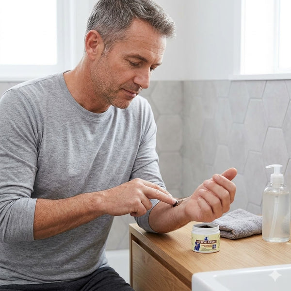 Man applying Tsunami Active Paste Plant Extract Ointment on his wrist at home.
