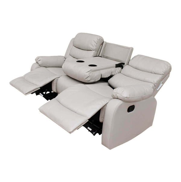 Air Leather Modern Sofa with reclining seats and cup holders for ultimate comfort in your living space.