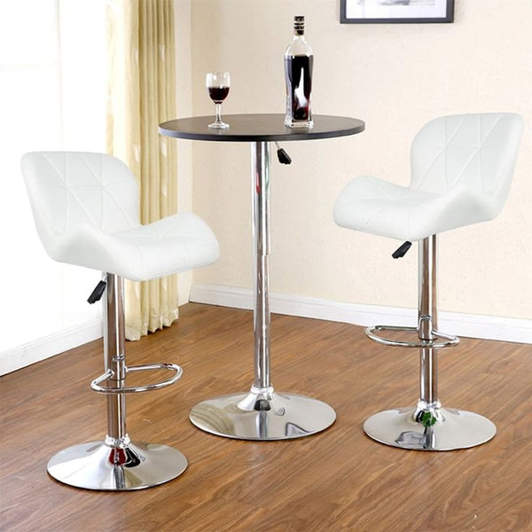 Round Bistro Bar Table with Adjustable Height and stylish white bar stools in a modern living space.
