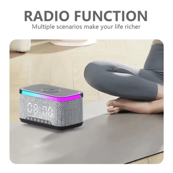 Smart Multifunction Alarm Clock with Bluetooth Speaker showcasing radio function for a richer daily experience.