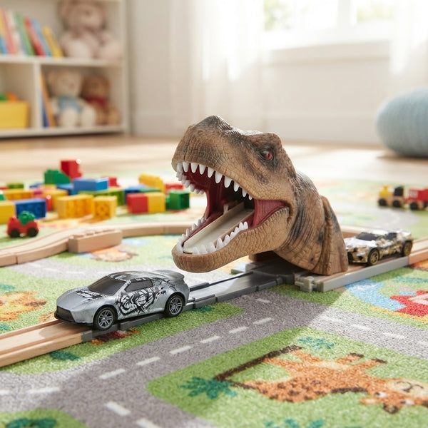 Dinosaur Launch Alloy Car Set featuring toy cars racing through a dinosaur's mouth on a colorful play mat.