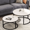 Space-Saving Coffee Table Set – Compact Nesting Tables in modern living room setting with gray sofa.