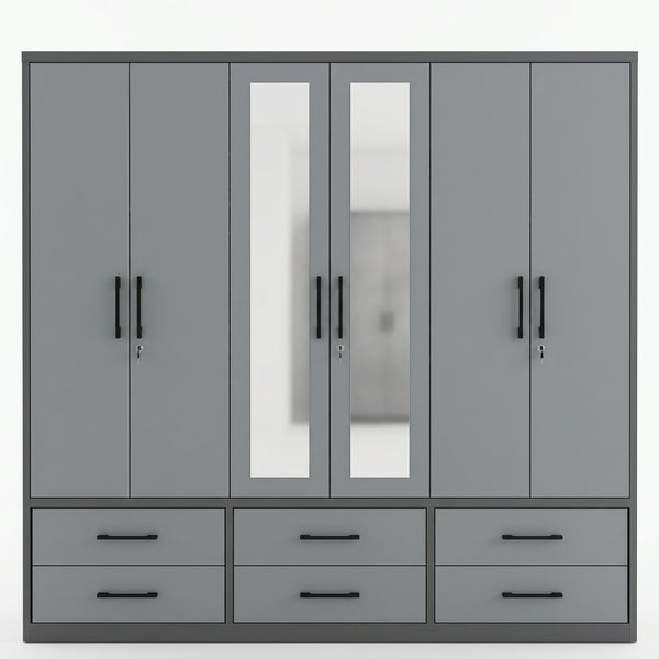 6-Door Wardrobe with Mirrored Doors and 6 Storage Drawers
