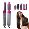 5 In 1 Electric Hot Air Brush Hair Dryer with interchangeable styling attachments and sleek hairstyle demonstration.