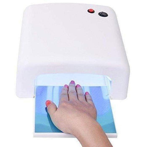 User placing a hand inside a 36W UV Nail Curing Lamp for quick nail polish curing.