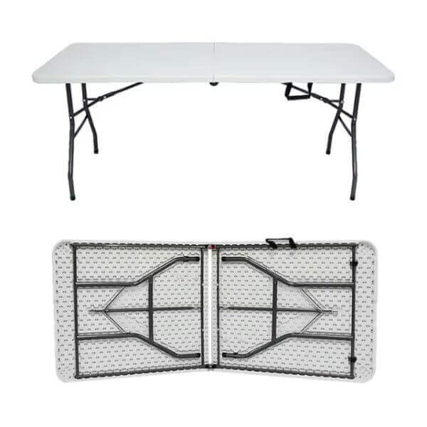 Summit Foldable Table shown in open and folded positions, ideal for events and camping with convenient storage.