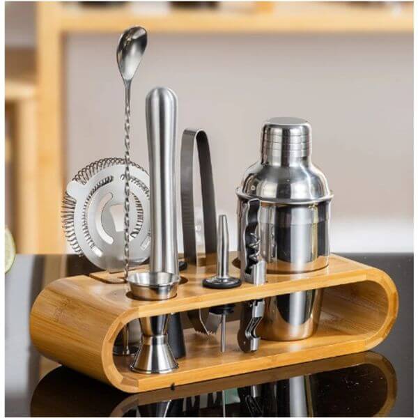 Perfect Dealz 12 Piece Stainless Steel Cocktail Shaker With Wooden Stand