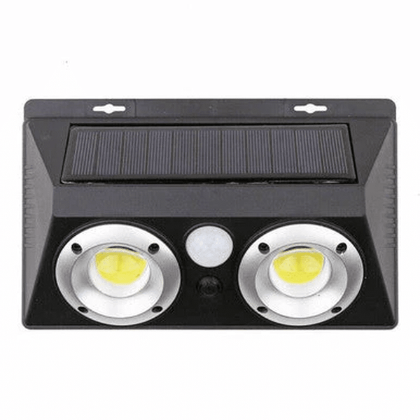 Motion Sensor Wall Light with solar panel and dual LED bulbs for outdoor security and convenience.