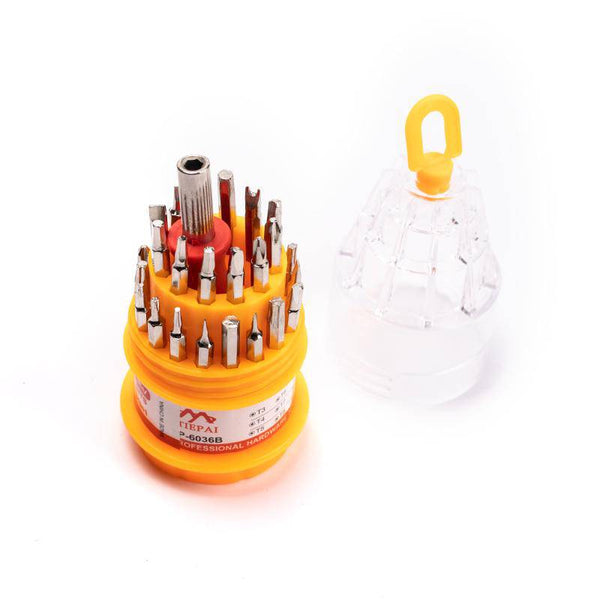 31 in 1 Mini Screwdriver Set - Yellow with multiple precision heads and a clear protective cap.