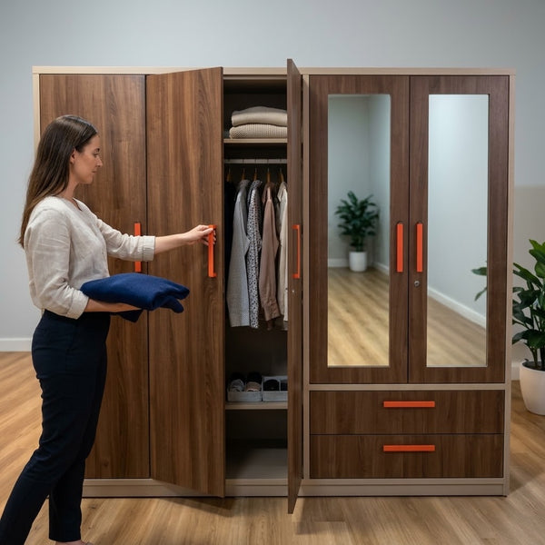 6-Door Wardrobe with Mirrored Doors and Storage Drawers