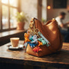 A brown handbag with colorful 3D Cartoon Dinosaur Keychain charms hanging from it, displayed in a cozy café setting.