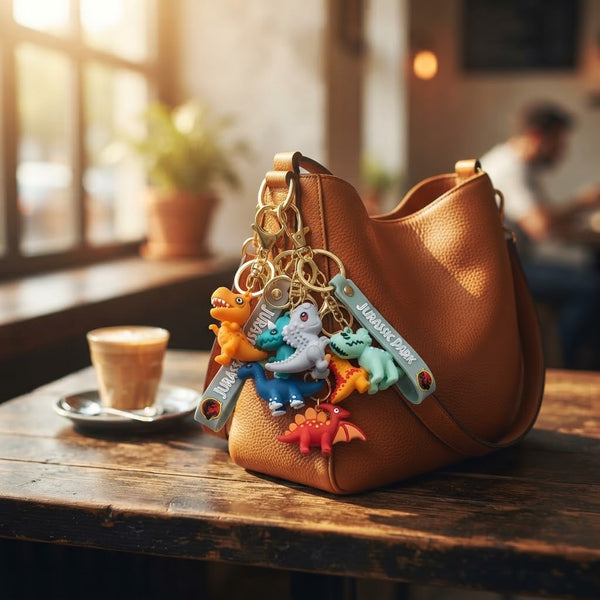 A brown handbag with colorful 3D Cartoon Dinosaur Keychain charms hanging from it, displayed in a cozy café setting.