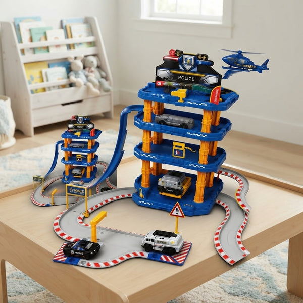 66-Piece Police Station Multi-Level Track Set featuring a multi-level track and police vehicles for action and rescue play.