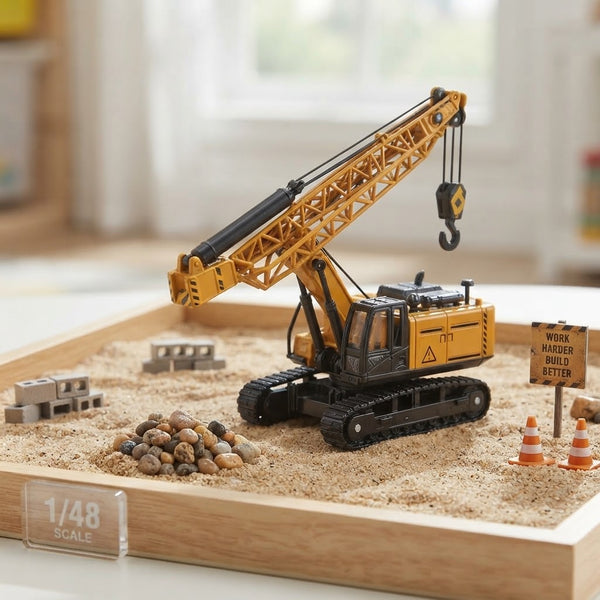 Alloy Crawler Crane Construction Toy displayed on a sand base with construction materials and signs.