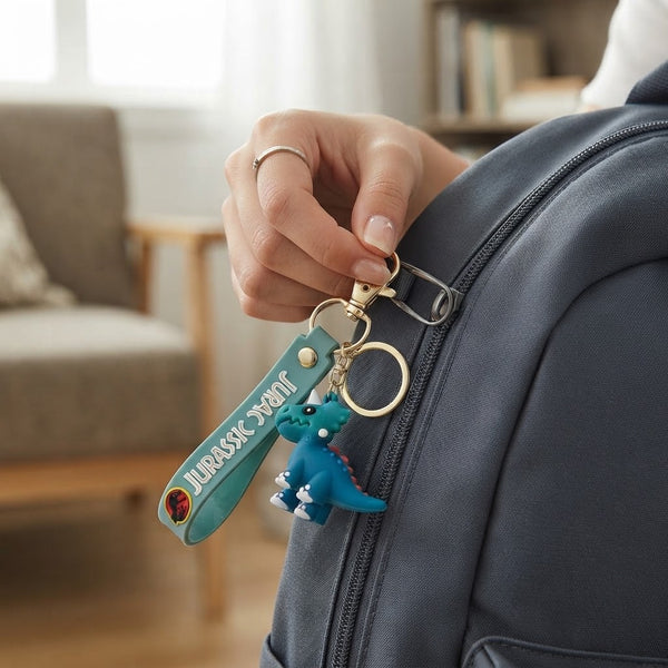 3D Cartoon Dinosaur Keychain attached to a backpack, featuring a playful dinosaur design.