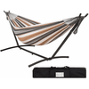 Portable Striped Hammock Swing Chair with stand and carrying bag for indoor and outdoor relaxation.