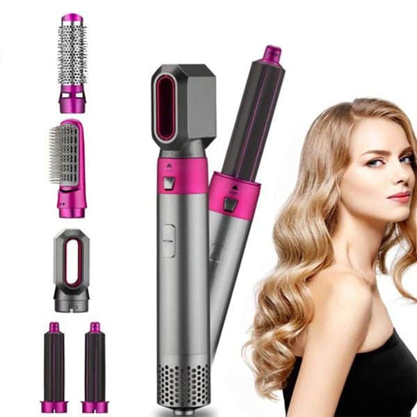 5 In 1 Electric Hot Air Brush Hair Dryer with multiple attachments and a model showcasing styled hair.