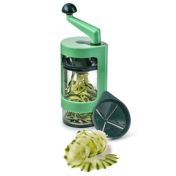 Fruit and Vegetable Spiral Cutter displayed with spiraled zucchini and the cutter's components on a white background.