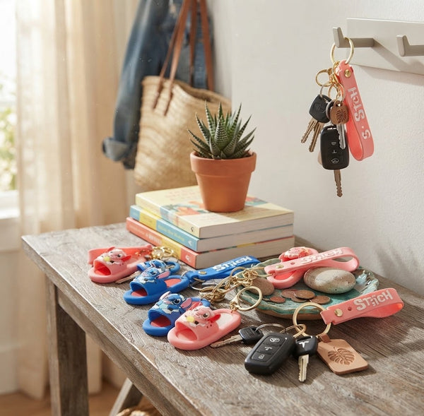 Colorful Silicone Slipper Keychain collection on a wooden table with keys and books, adding fun to everyday essentials.