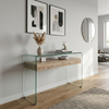Tempered Glass Console Table with a wooden drawer design, styled with decorative items in a modern living space.