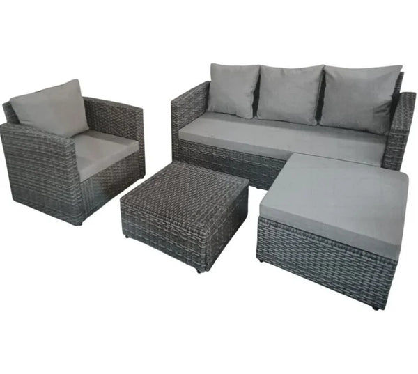 4 Piece PE Wicker Outdoor Patio Furniture in Grey set featuring sofa, armchair, ottoman, and coffee table.