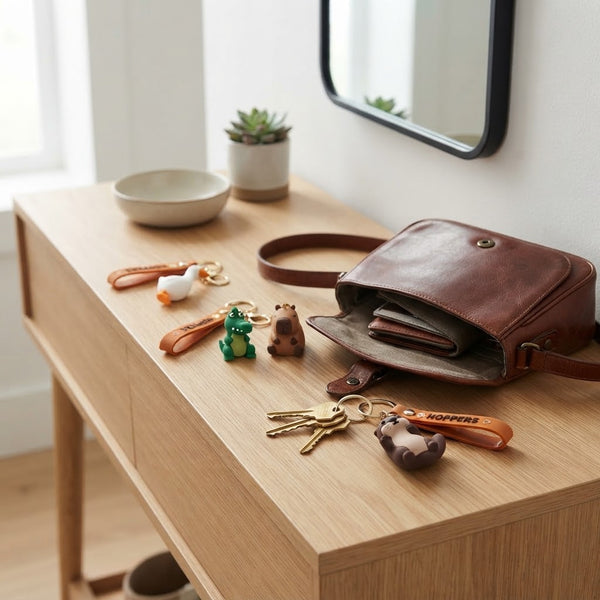 Hoppers PVC and Silicone 3D Animal Keychain displayed on a wooden table alongside a brown purse and small plants.