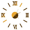 3D DIY Mirror Golden Surface Wall Clock Roman Numeral with gold accents and classic Roman numerals.