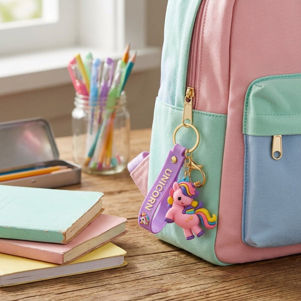 3D Rainbow Unicorn Keychain attached to a colorful backpack, surrounded by notebooks and stationery.