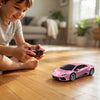 Child enjoying playtime with a Remote Control Sports Toy Car in a cozy living room setting.