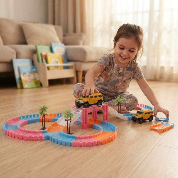 Child playing with 134-Piece DIY Flexible Track Toy Set, building tracks with toy cars and palm trees.