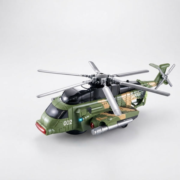 Battery-Operated Military-Style Helicopter Toy featuring a green camouflage design.