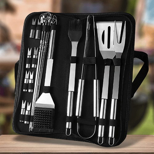 14-Piece Premium Stainless Steel Braai & Grill Tool Set in a case, featuring grilling utensils and tools for outdoor cooking.