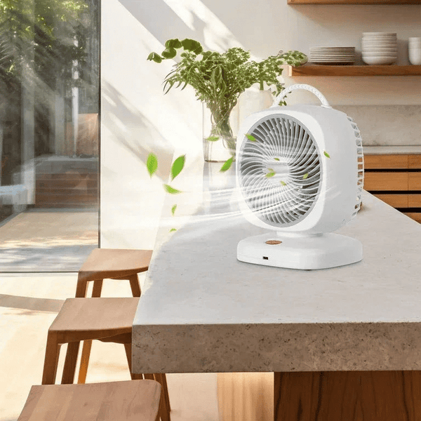 5-Speed Portable Desktop Fan providing a refreshing breeze in a modern kitchen setting.