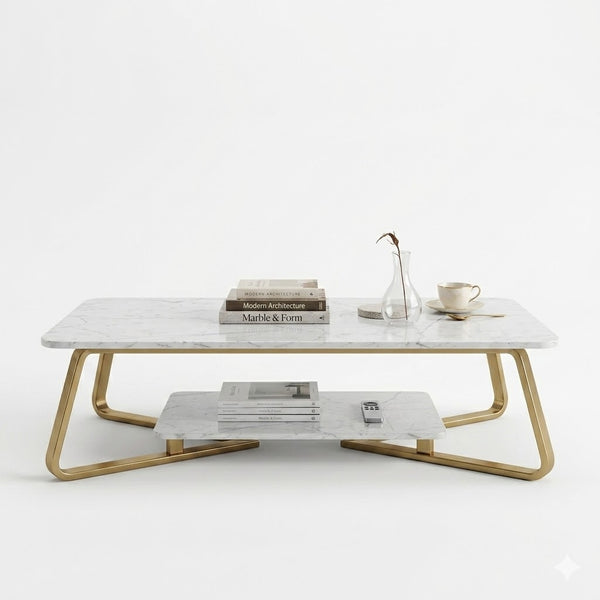 Modern 2-Tier Marble Coffee Table with Gold Frame